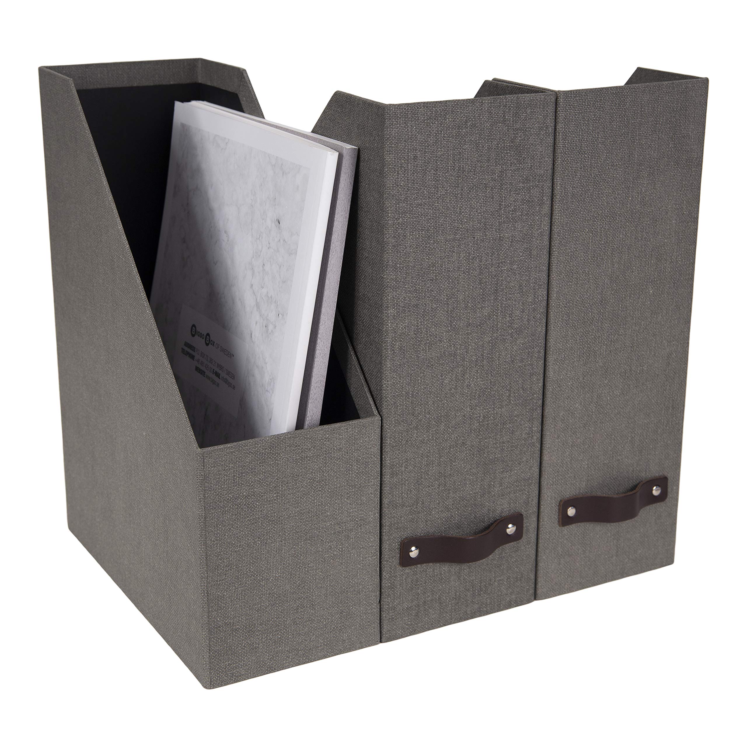 Bigso Box of Sweden Estelle Canvas Fiberboard Upright Magazine Storage Box Organizer for Papers & Catalogs w/Leather Handle | Magazine File Holder for Office Desks | 12.6" x 4.5" x 9.8" | Gray