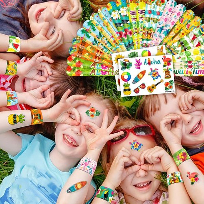 Cherisnowy 48PCS Hawaiian Party Set - 24PCS Temporary Tattoos & 24PCS Slap Bracelets - Summer-Themed Birthday Supplies, Baby Shower Gifts, Classroom Rewards & Party Decor for Kids (Boys & Girls)