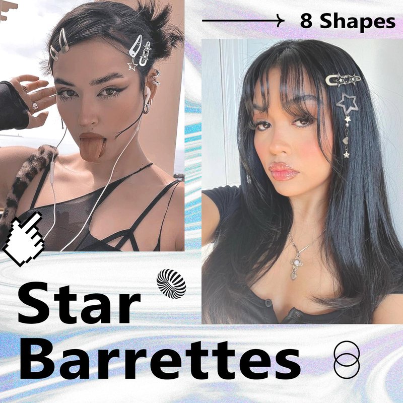 YAEISM 10PCS Star Hair Clips Y2K Silver Hair Clips Metal Star Barrettes 8 Shapes Pentagram Hair Snap Clips Punk Kawaii 2000s Hair Accessories for Women