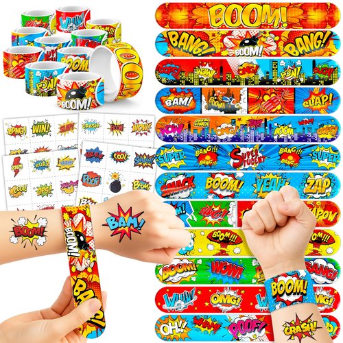 Cherisnowy 72PCS Hero Party Set - 48PCS Temporary Tattoos & 24PCS Slap Bracelets - Themed Pow Birthday Supplies, Baby Shower Gifts, Classroom Rewards & Party Decor for Kids