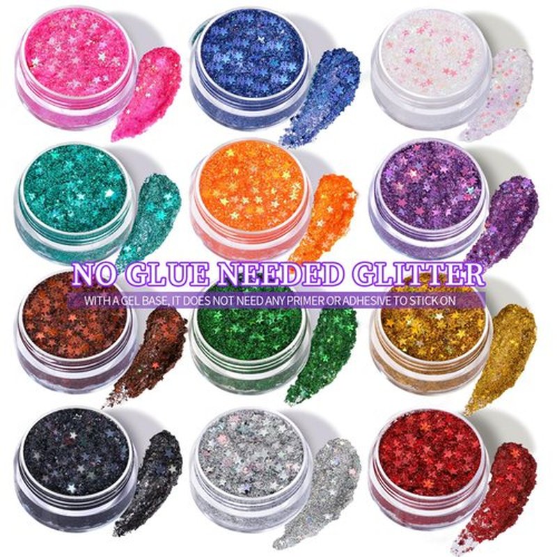 Teenitor Face Glitter Gel Set, No Glue Body Glitter, Festival Makeup Glitter for Face, Body, Hair, Total 120g/4.23oz, 12 Color