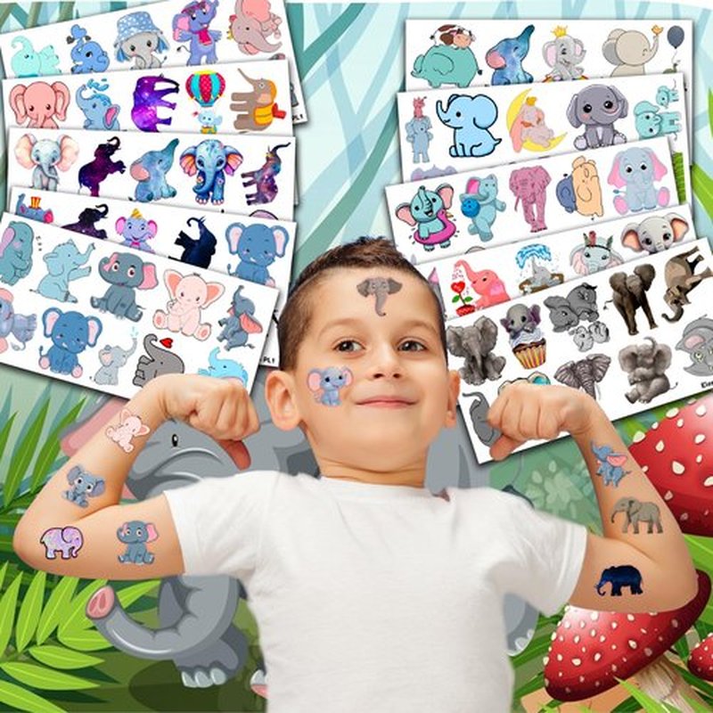 101 PCS Cute Elephant Temporary Tattoos Themed 1st Birthday Party Decorations Supplies Favors Decor Baby Pink Blue Animal Tattoo Stickers Gifts For Boys Girls Classroom School Prizes Carnival Cartoon