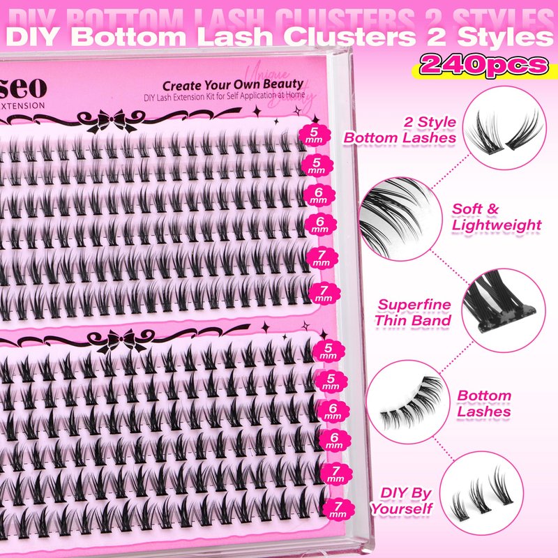 wiwoseo Spiky Bottom Lash Clusters with Bottom Lashes Clusters Wispy Lash Clusters Eyelash Clusters Eyelash Extensions Under Cluster Lashes Natural Individual Lashes Bottom Lash Extensions (240pcs)