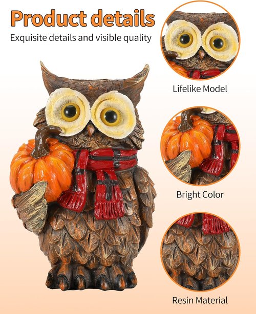 iStatue Fall Harvest Owl Ornaments - 7” Resin Craft with Red Scarf & Pumpkin | Thanksgiving Table Decor
