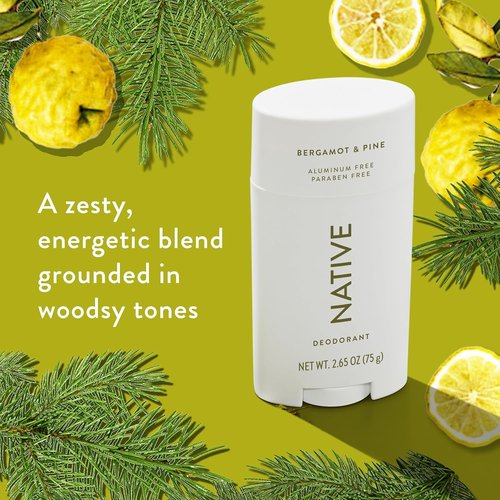 Native Deodorant | Aluminum-Free Bergamot & Pine | 72-Hour Odor Control | 2.65oz for Men & Women