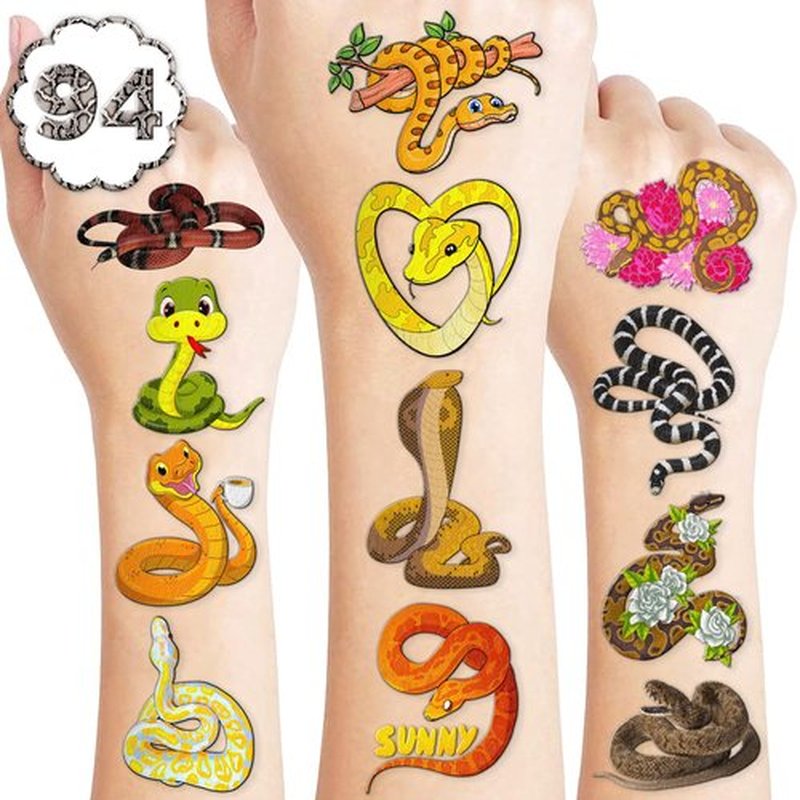94PCS Cute Snake Temporary Tattoos Themed Reptile Animals Birthday Party Decorations Supplies Favors Decor Jungle Swamp Safari Tattoo Stickers Gifts For Kids Adults Boys Girls School Prizes Carnival