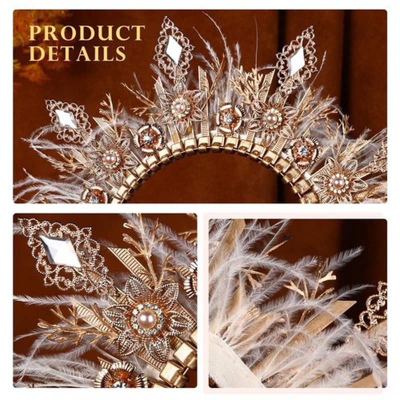 COSUCOS Feather Halo Crown Headpiece - Zip Tie Fantasy Queen Greek Goddess Headpiece Handmade Angle Wedding Headband for Halloween Cosplay Party White Feather Cube Glass Drill Renaissance