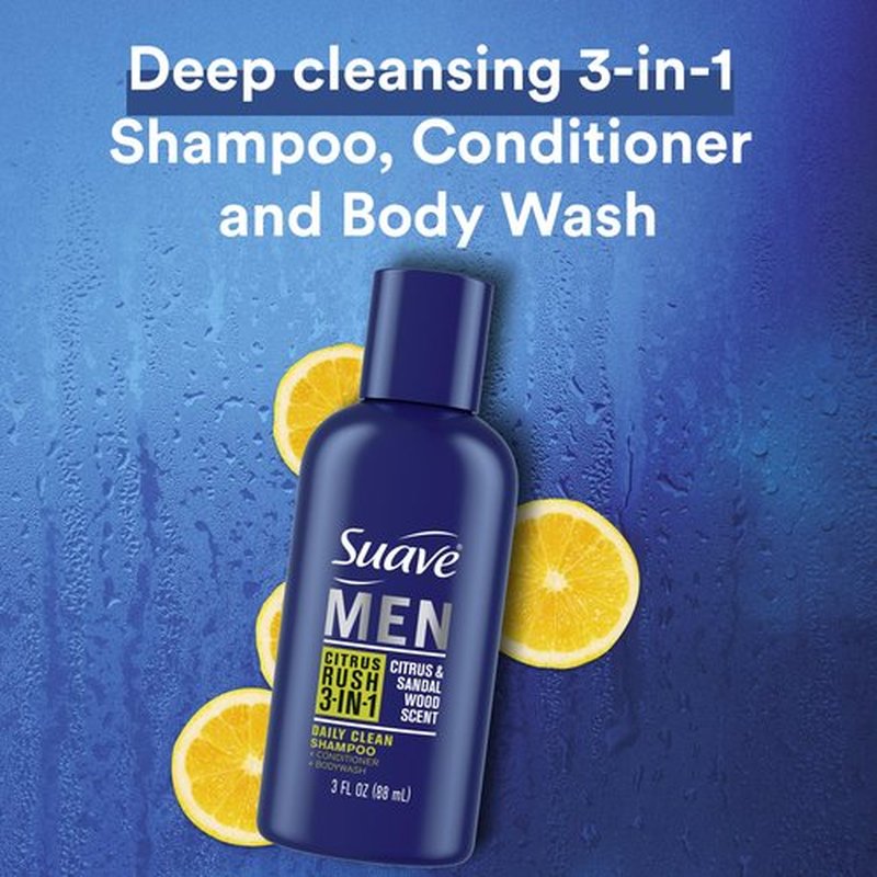 Suave Men Body Wash 3-in-1 Citrus Rush – Travel-Size Shampoo, Conditioner & Soap All-in-One Formula with Keratin for Healthy Hair & Skin, 3 Oz Ea (Pack of 3)