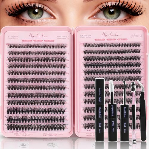 Lash Clusters Kit, Eyelash Clusters Individual Lash Extension Kit Pcs D Curl Fluffy Wispy False Eyelashes Extensions Thin Band with Bond Seal Tweezers Brush Removers (30D+40D KIT 9-16mm)