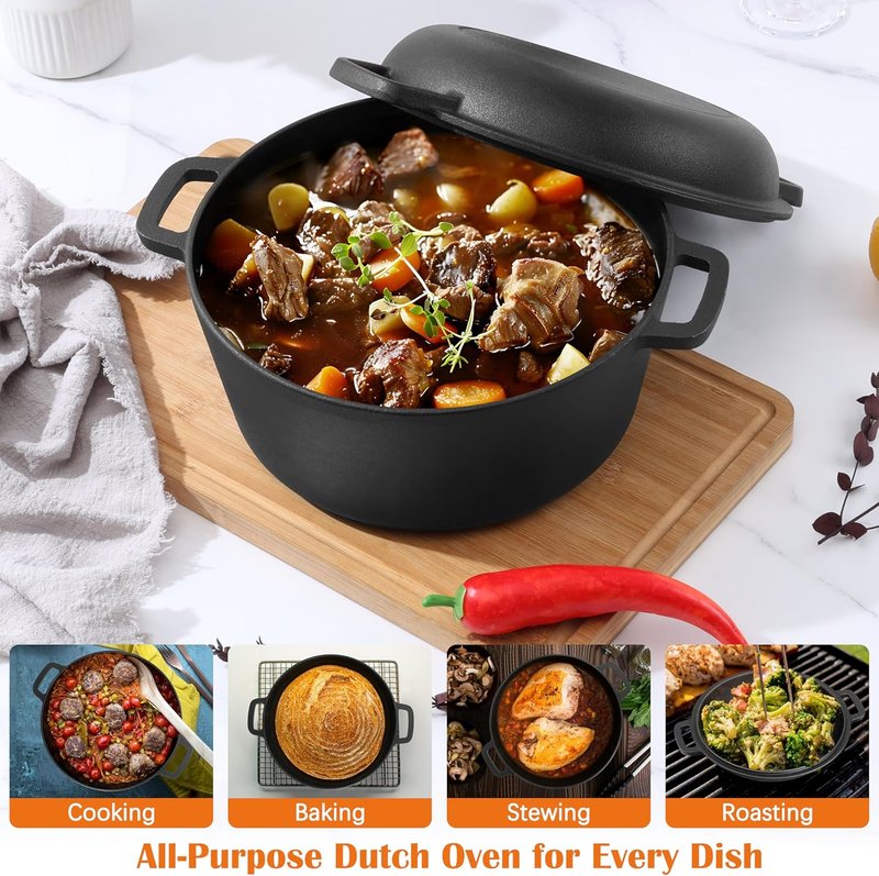 E-far 5QT Dutch Oven - Versatile Cast Iron Pot with Skillet Lid & Sourdough Starter Kit | Ideal for Baking, Frying, BBQ