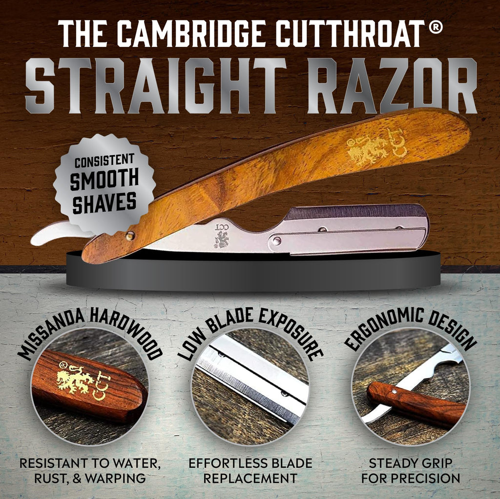 Cambridge Cutthroat Open Blade Razor for Men - Stainless Steel Handle, Swing-Lock Single Edge Cut Throat Razor with Leather Travel Pouch, Beard Shaping & Wet Shaving (10 Blades Included)