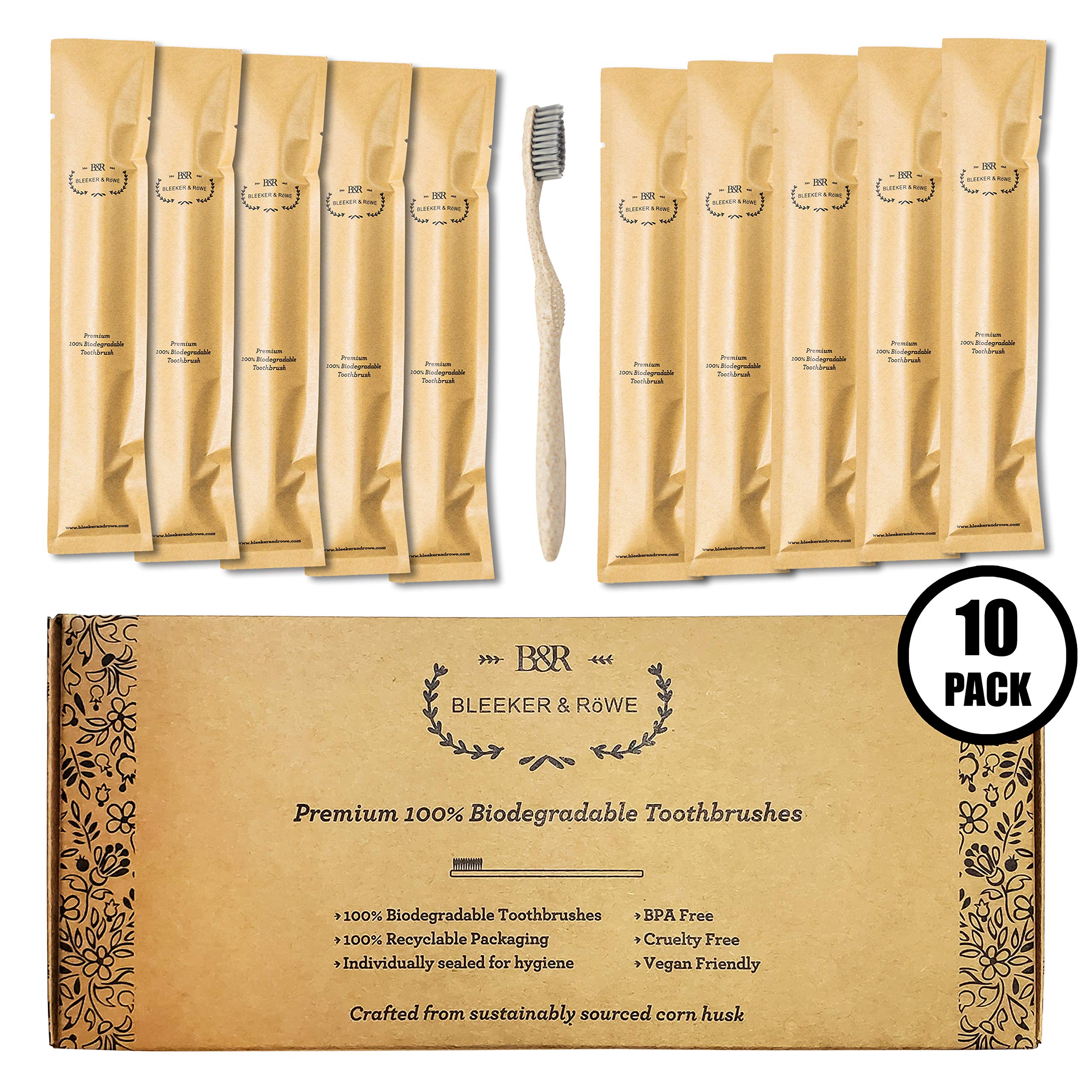 Bleeker and Rowe Biodegradable Eco-Friendly Toothbrushes - Individually Sealed - BPA Free Soft Bristles - Sustainable - Recycled Packaging (Pack of 10)