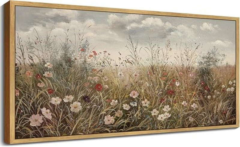 KUVIOKE Vintage Landscape Wall Art - Large 20x40in Meadow Wildflower Print | Rustic Farmhouse Decor