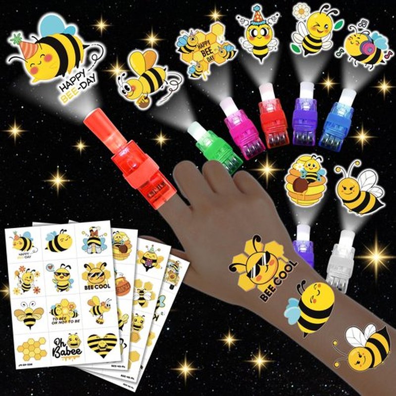 72 PCS Bee Party Favors – 48 PCS Luminous Tattoos & 24 PCS LED Finger Lights Combo – Birthday Goodie Bag Fillers, Party Supplies, Gifts Light Up Toys Glow In The Dark for Boys and Girls