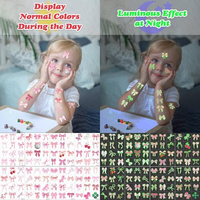 96 PCS Pink Bow Pre-Cut Temporary Tattoos Themed Birthday Party Decorations Decor Supplies Favors Funny Girl Coquette Knot Tattoo Stickers Gifts For Game Boys Girls Classroom School Prizes (Glow)