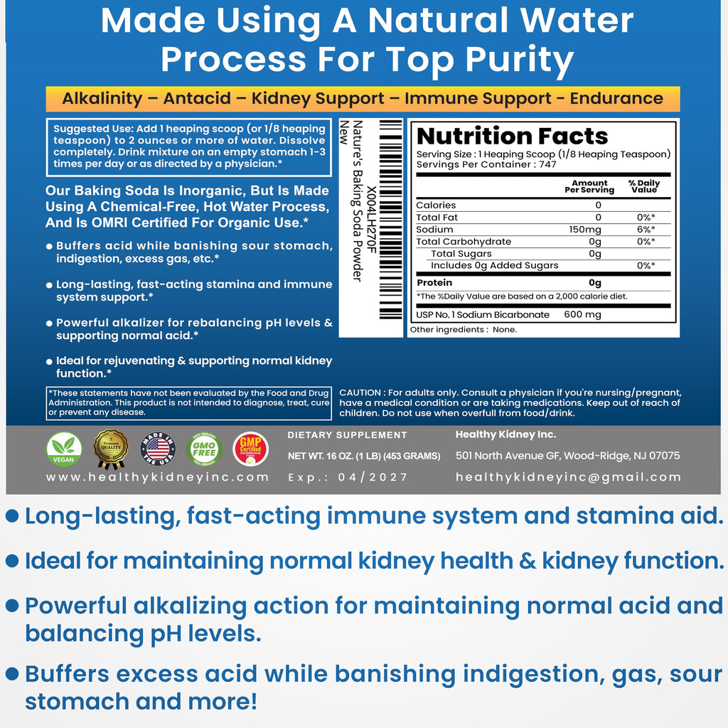 Nature’s Baking Soda Supplement Powder Organic Use Aluminum Free Better Than Baking Soda Tablets. No Chemicals Pure Powder for Health, Kidneys, Stomach & Wellness 1lb