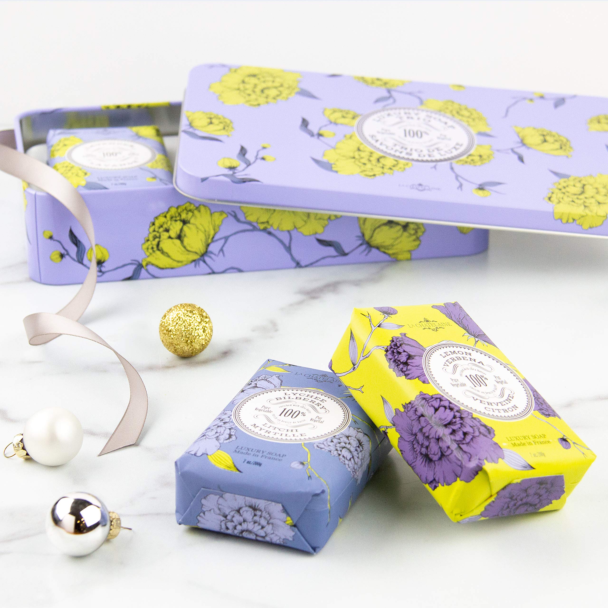 La Chatelaine Luxury Bar Soap Trio Gift Set Tin | Made in France | Natural and Organic | Shea Butter Formula | 3 x 7 oz / 200g - Lavender Soap Trio (Lavender, Lychee Bilberry, Lemon Verbena)