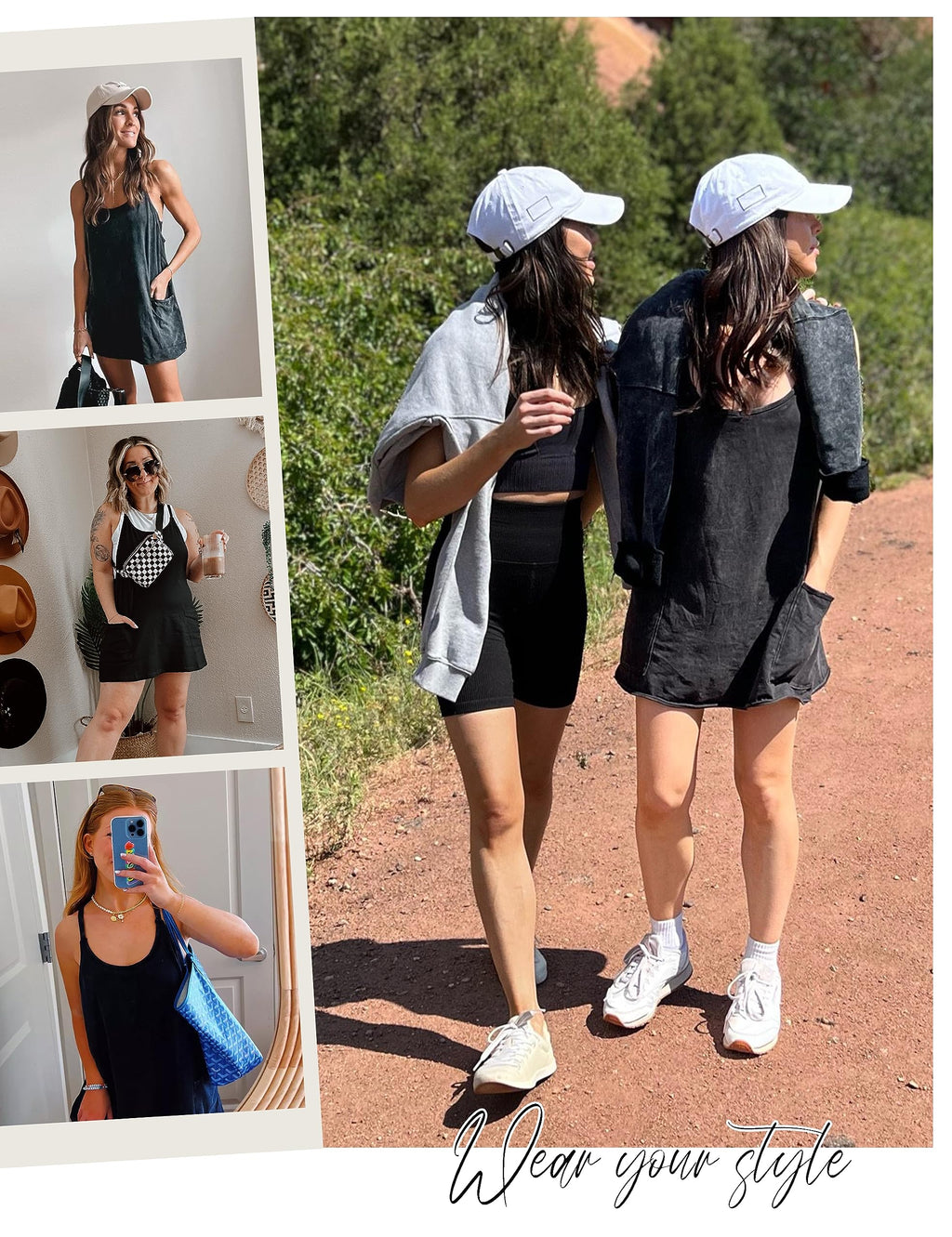 Lentta Womens Athletic Sleeveless Mini Dress with Built-in Shorts V Neck Spaghetti Strap Sundress(Black-M)