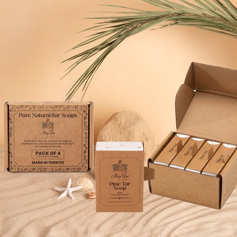 Mary Case All Natural Bar Soap for Men & Women (Set of 4) - Pine Tar Bath Soap Bar with Olive, Coconut, and Pine Oils & Dried Mint Leaves - Vegan Bath Soaps for Revitalizing & Soothing Skin