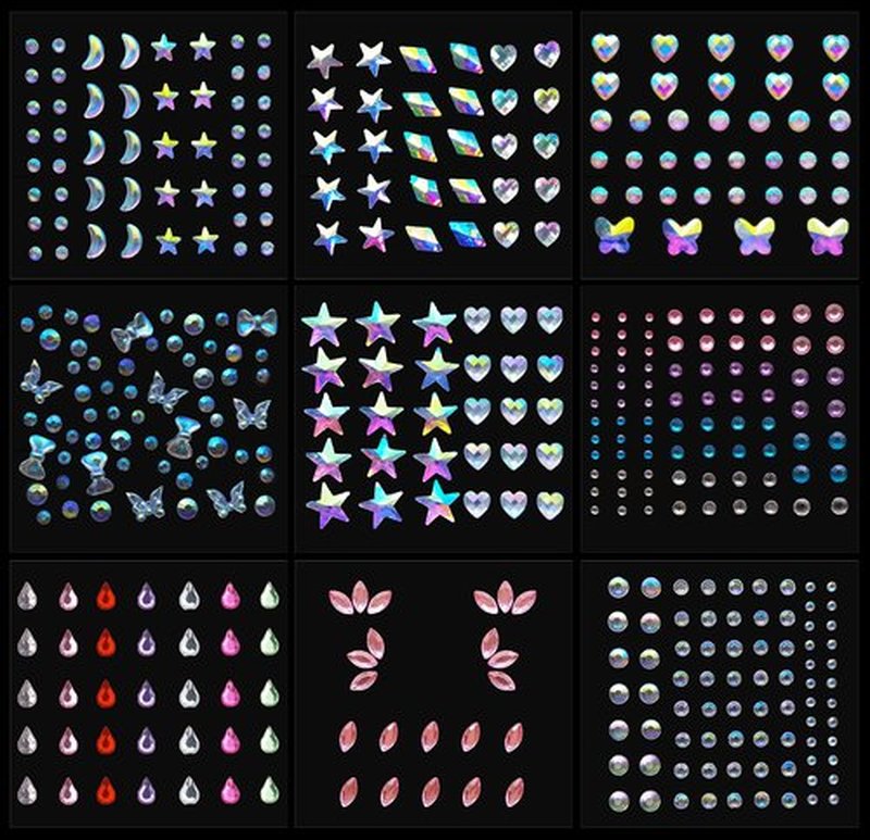 Le Fu Li 9 Sheets Eye Body Face Gems Makeup Jewels Rhinestone Stickers Self Adhesive Crystal Rainbow Makeup Diamonds Face Stick Gems for Women Festival Accessory and Nail Art Decorations