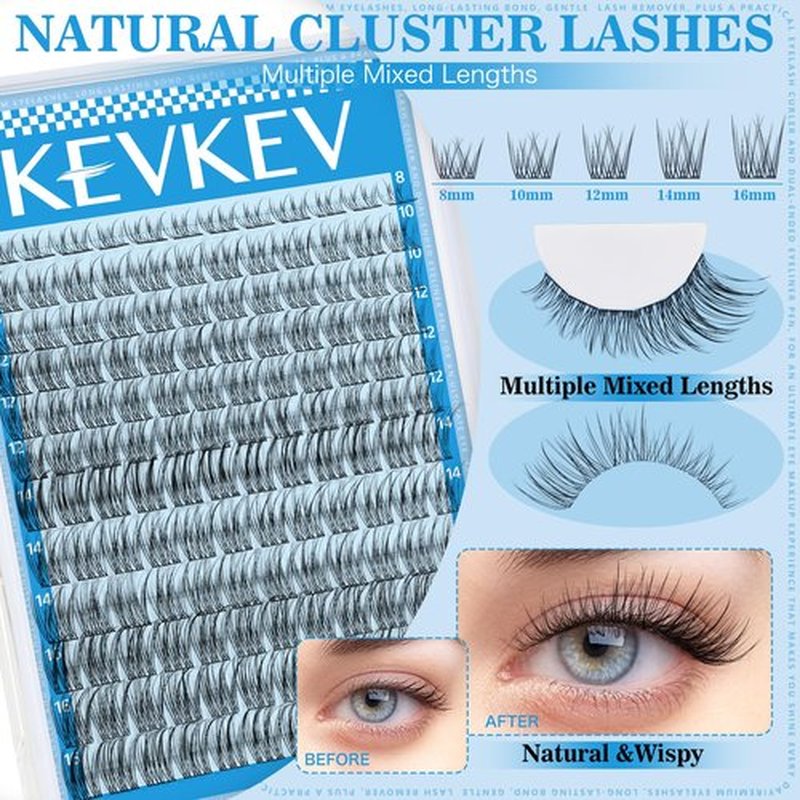 KEVKEV Wispy Lash Clusters Ultra-Thin Band Natural Eyelash Clusters 8-16mm Soft Cluster Eyelash Extensions Mix Length Ultra-Light Natural Look Natural Lash Clusters DIY Lash At Home(Wispy03)