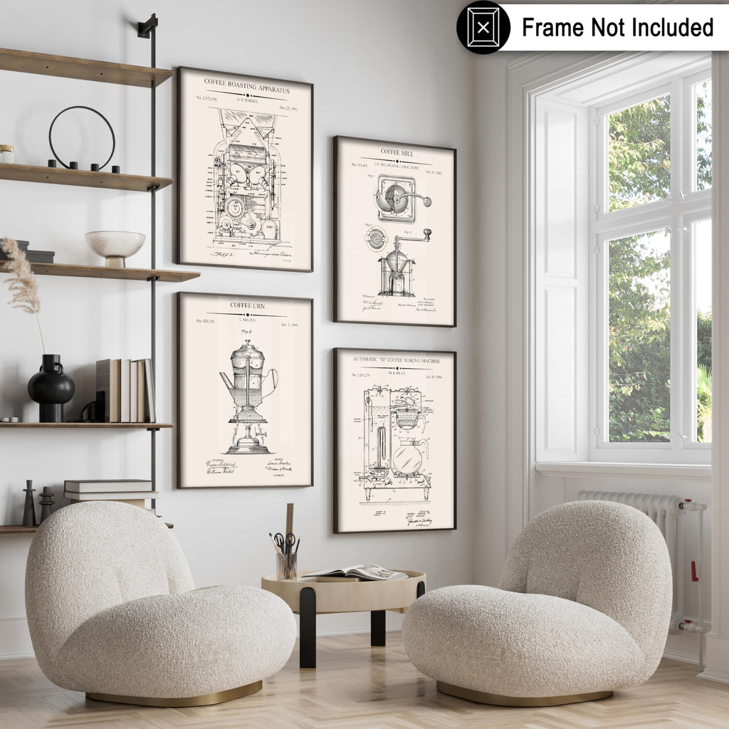 Monem Art 4-Piece Coffee Blueprint Poster - Roaster Patent Print - Coffee Mill Making Machine & Pot Art - Cafe Wall Decor - 8x10 UNFRAMED Wall Art