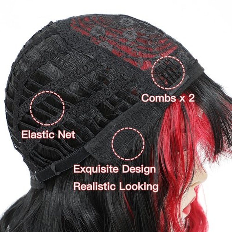 Red Bob Wig with Bangs, Short Wavy Wig with Bangs Red and Black Highlight Bob Wig Natural Wavy Short Wigs for Women Cosplay Halloween Party Use 14 Inches(HL Red)