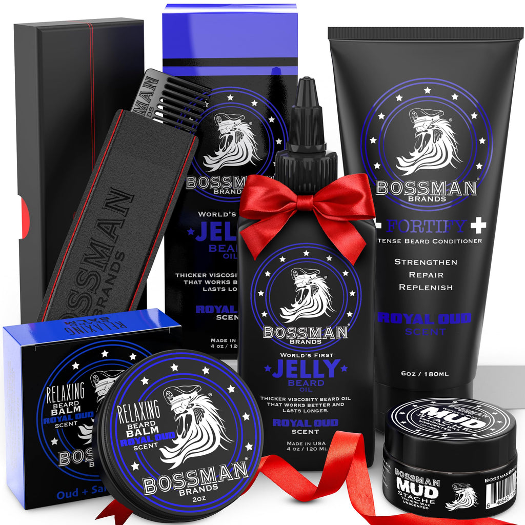 Bossman Complete Beard Kit for Men - Dad Gifts for Father's Day, Men's Beard Oil Jelly, Fortifying Shower Conditioner, Balm, Mustache Wax & Comb – Beard Softener & Grooming Care - (Royal Oud Scent)