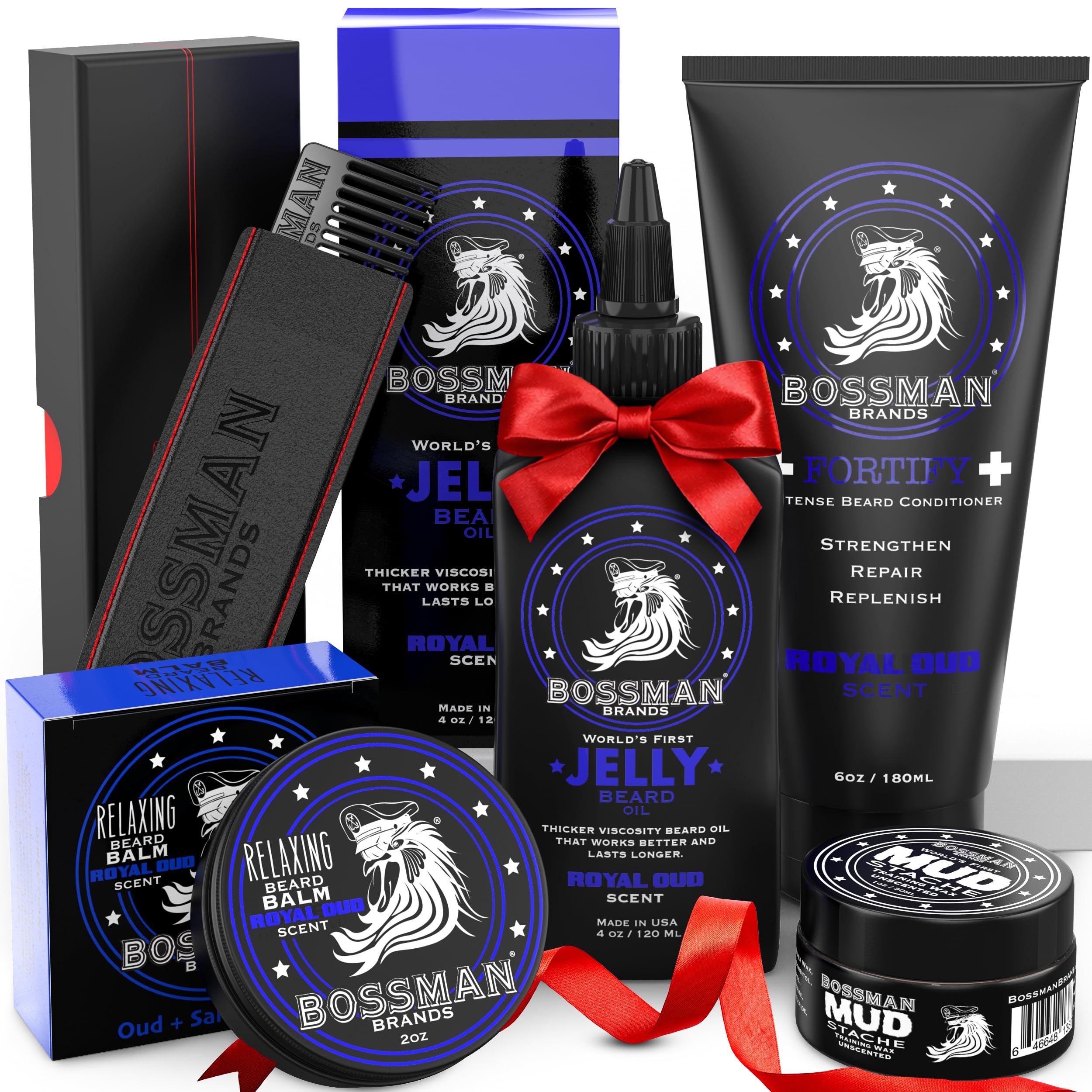 Bossman Complete Beard Kit for Men - Dad Gifts for Father's Day, Men's Beard Oil Jelly, Fortifying Shower Conditioner, Balm, Mustache Wax & Comb – Beard Softener & Grooming Care - (Royal Oud Scent)