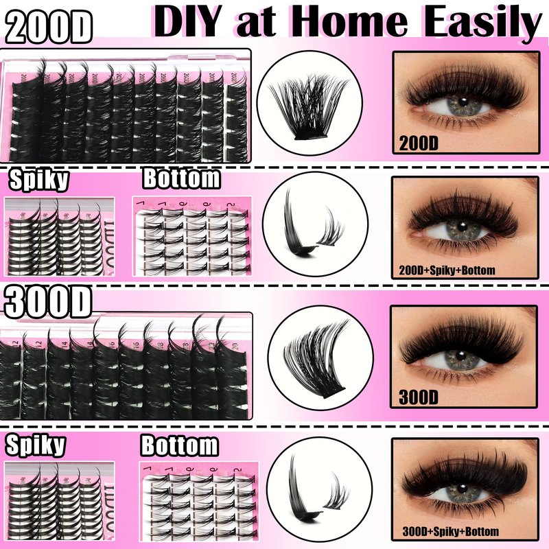 YIDUO Lash Clusters Kit 200D+300D+Spikes+Bottom Cluster Lashes Extensions Kit with Lash Bond and Seal |Tweezers |Removers |Eyebrow Brush (200D+300D-10-18MIX Thick Kit)