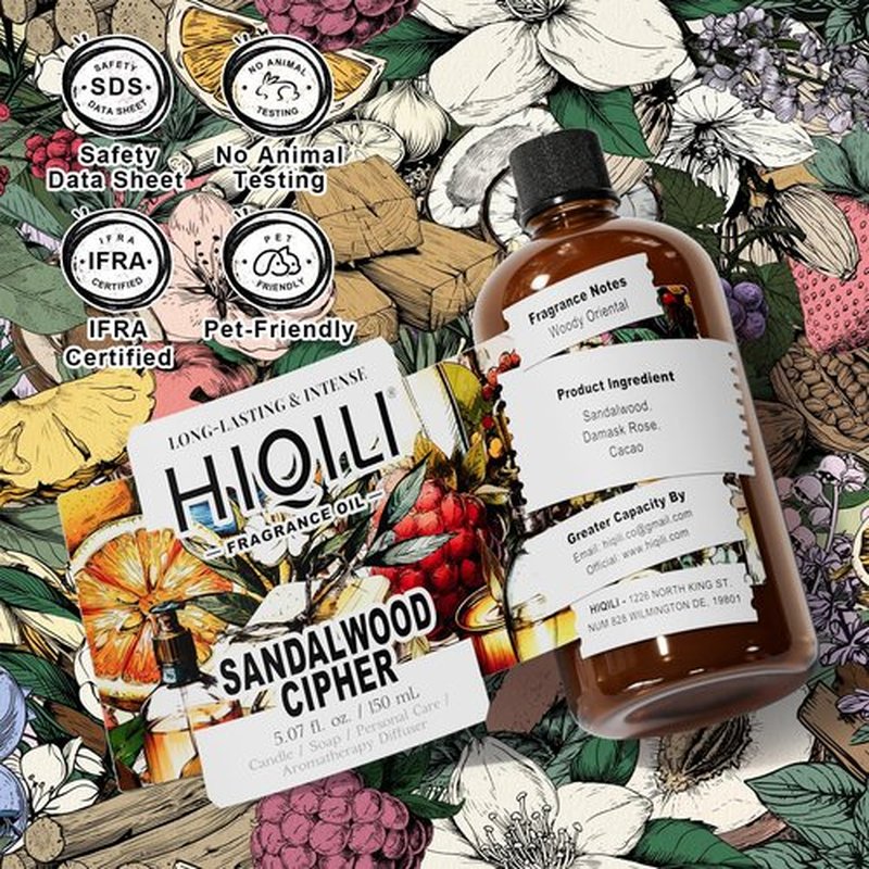 HIQILI Sandalwood Cipher Fragrance Oil for Diffuser, Candle & Soap, Perfume & Body Oil Making- Have Gourmand Notes, Long-Lasting - 5.07 Fl Oz