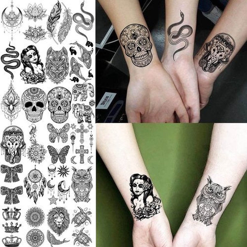Bilizar 32 Sheets 89+ PCS Black Lotus Temporary Tattoos For Women Hands Adults Underboob, Tribal Indian Elephant Skull Snake Fake Tattoos, Bulk Bohemia Butterfly Tattoo Kit Sets Mandala Flower Moon