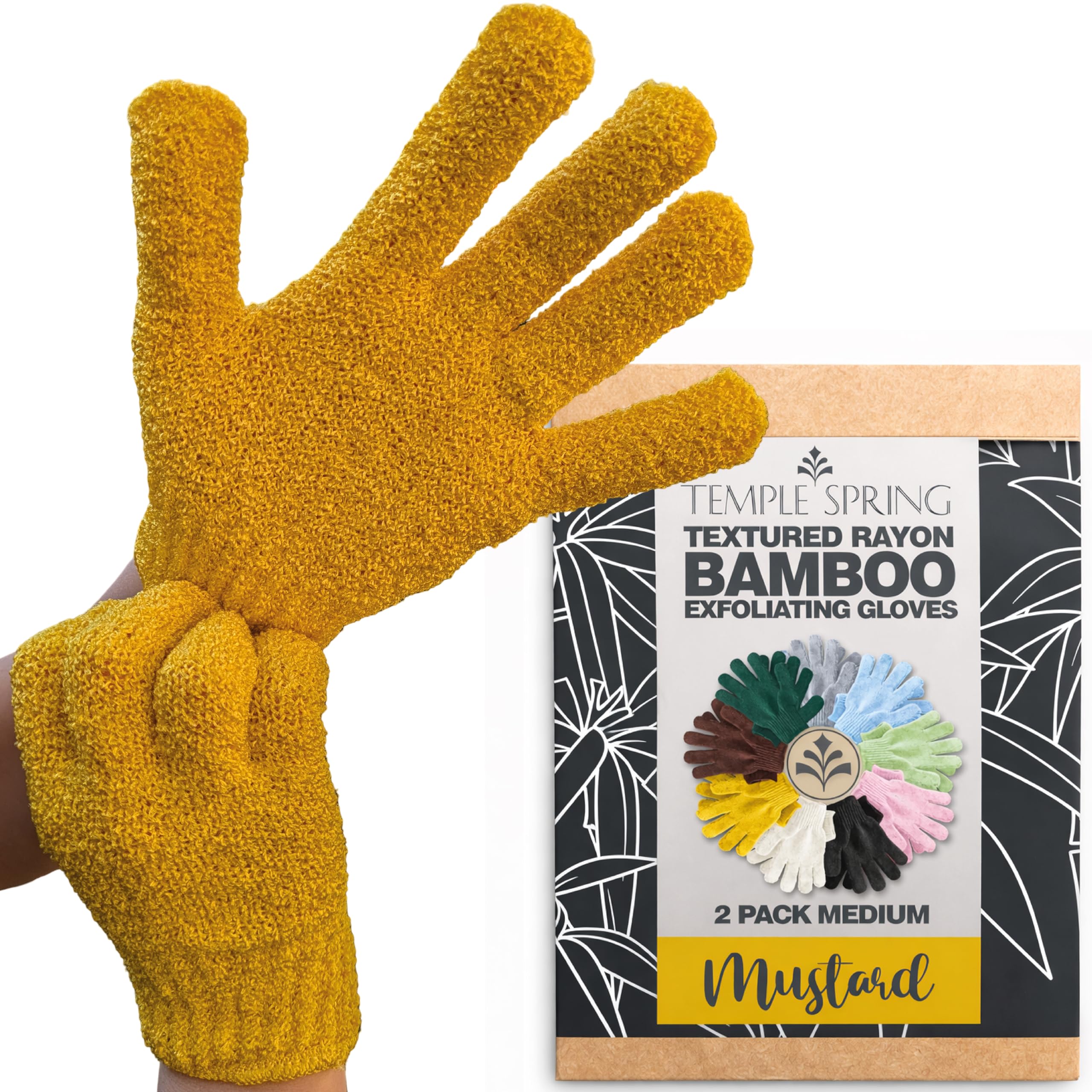 Temple Spring Shower Gloves Exfoliating for Women – Natural Textured Rayon Bamboo Exfoliating Glove with Thicker Weave for Deep Cleansing, Dead Skin Removal & Smooth Radiant Skin (1 Pair, Mustard)