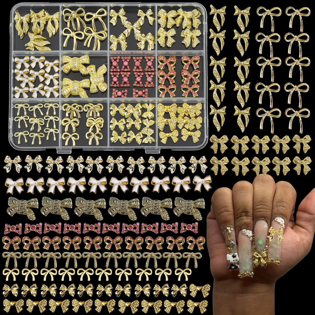 ZUMILLMN 116 Pcs Bow Nail Charms,12 Styles Gold Metal and Gem Bow Charms for Nails-Shiny Nail Rhinestones for Nail Art, Manicure, DIY Jewelry Making(116Pcs)