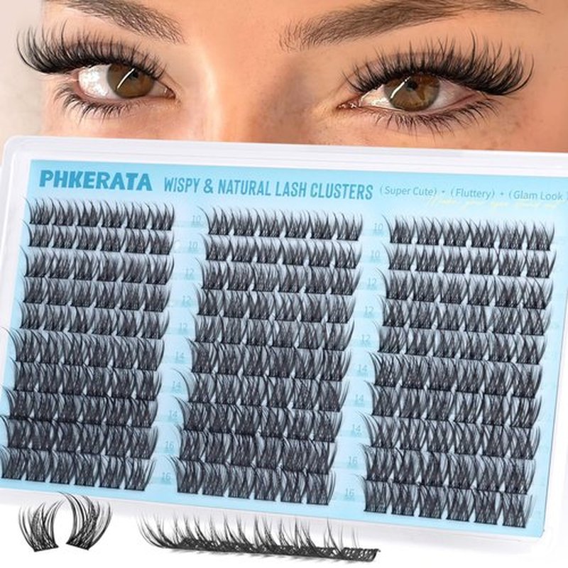 PHKERATA Wispy Lash Clusters Naural Eyelash Clusters Extensions C Curly Individual Lashes Clusters DIY Eyelash Extension with Wide Soft Thin Band,10-16MM,180Pcs