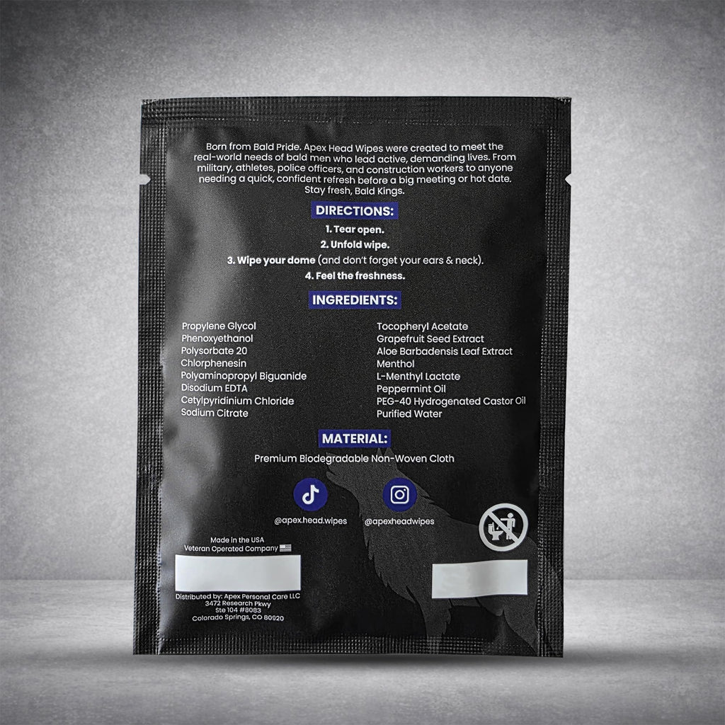 Apex Head Wipes. Cooling Bald Head & Scalp Wipes for Men – Sweat Wipes for Gym, Workouts, Travel & Hat Sweat – Alcohol-Free Post-Shave Cleansing Wipes – Individually Wrapped – 5 Pack