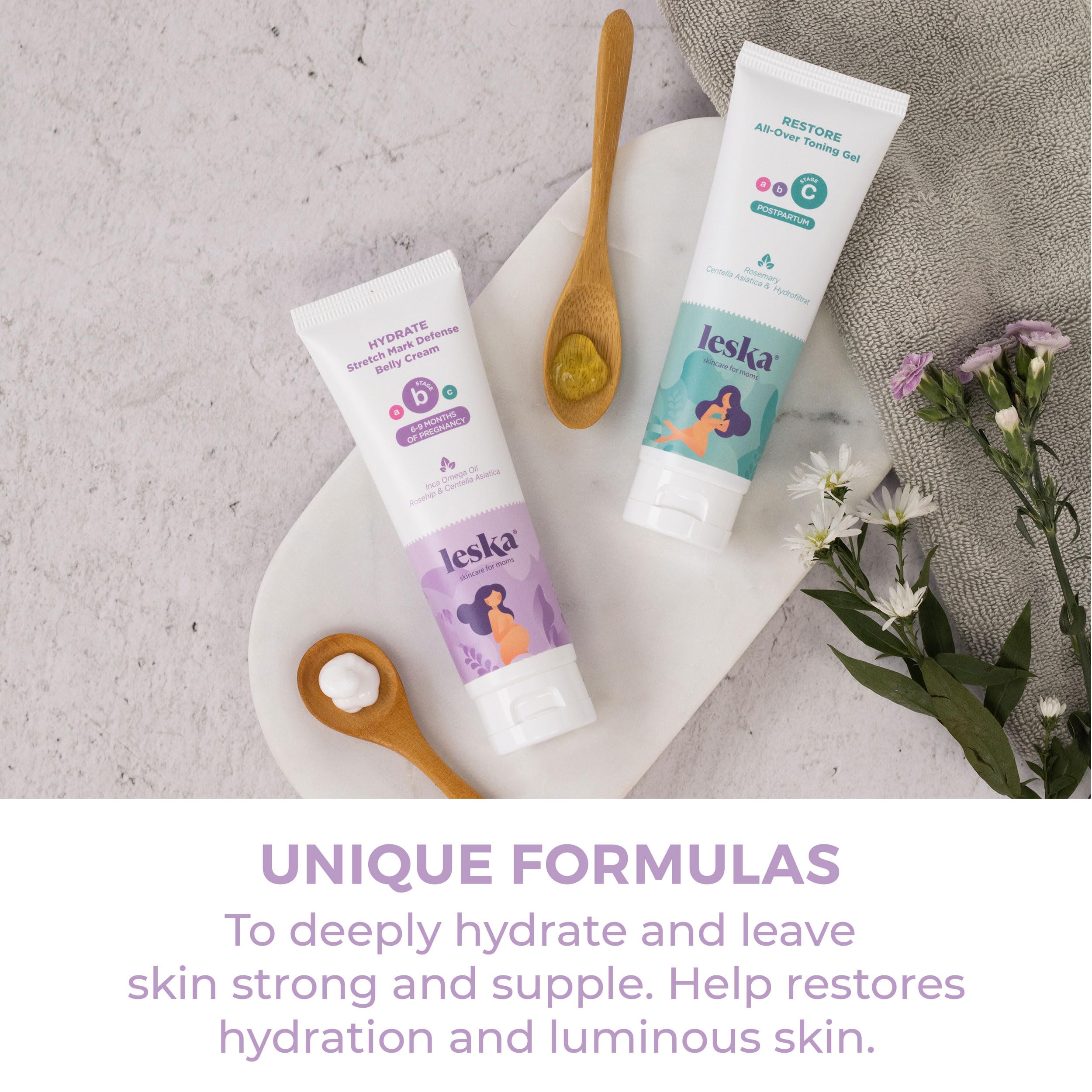 Leska Maternity Stages B & C Set | HYDRATE Belly Cream & RESTORE All-Over Toning Gel | Pregnant Moms Months 6-9 and Postpartum | Part of Complete 3-Part Maternity Skincare System (Set of 2, 4oz each)