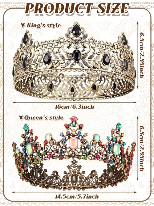 2 Pieces Baroque Crown King and Queen Crown Set for Men Women Black Rhinestone Crystal Queen Tiaras Royal Costume Crown Headwear for Prom Wedding Cosplay Homecoming Prom Christmas Party Decorations