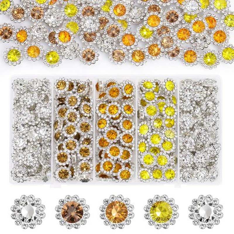 200 Pcs 12MM Sew on Rhinestones Mixed Colors Crystal Glass Metal Base Flower Shape, Flatback Rhinestones for Crafting, Sewing Accessories for Clothes and Shoes (Yellow)