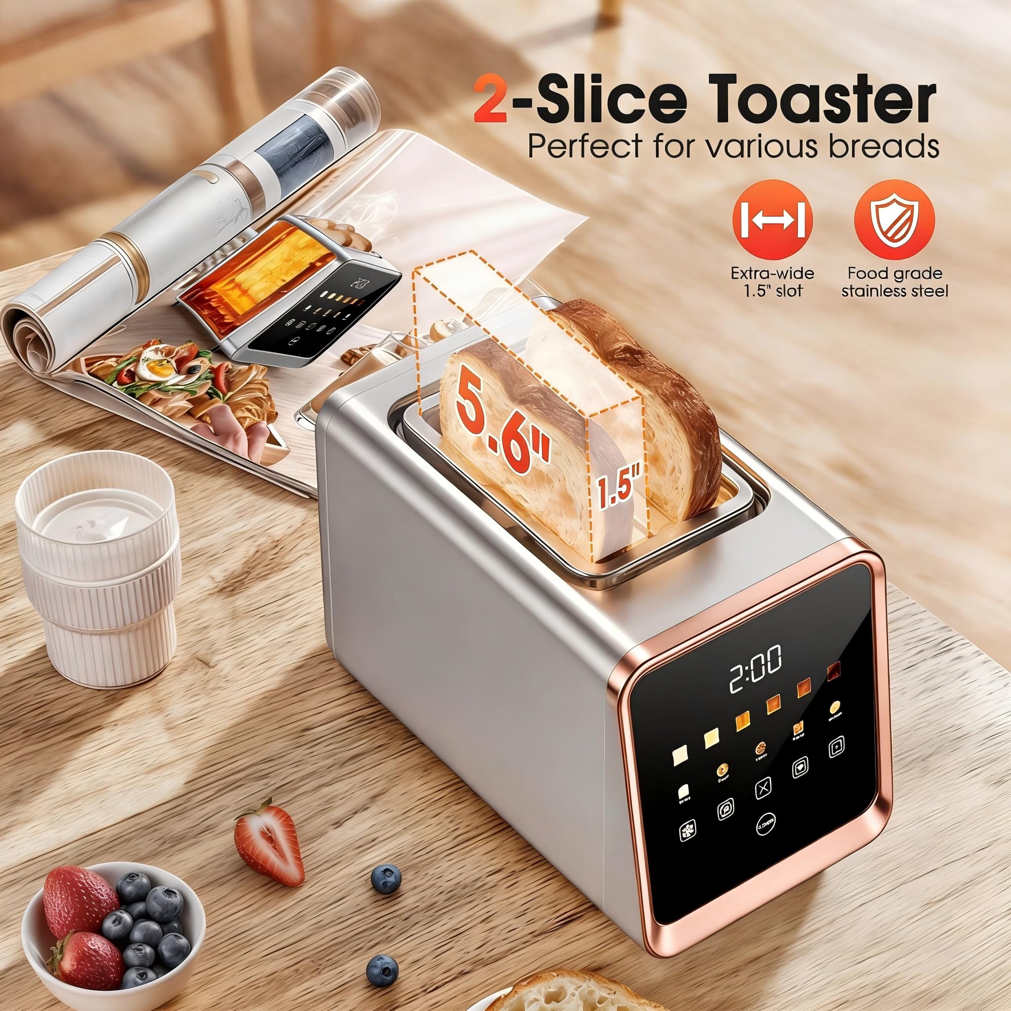 Touch Screen Toaster 2 Slice, Smart Digital with 1-Touch Memory, 1.5" Wide Slot for Bagels, 5 Bread Types & 6 Shade Settings, 900W, Defrost & Reheat