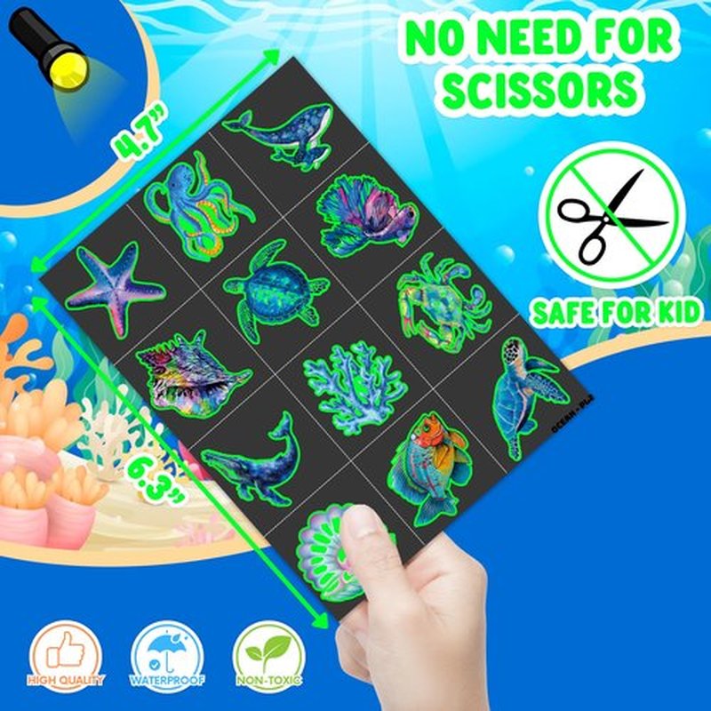 96 PCS Ocean Pre–Cut Luminous Temporary Tattoos Themed Birthday Party Decorations Favors Supplies Décor Glow In The Dark Shark Sea Turtle Tattoo Stickers Gifts For Game Boys Girls (Glow in the Dark)