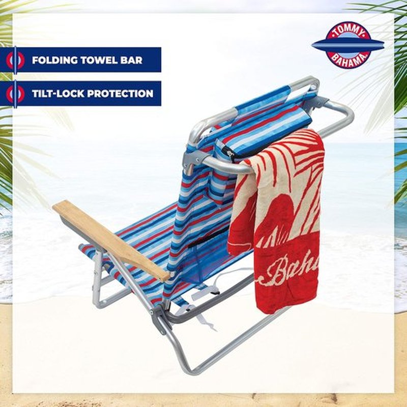 Tommy Bahama Folding Beach Chair - 5-Position Classic Lay Flat Design | Aluminum, Red, White & Blue Stripe