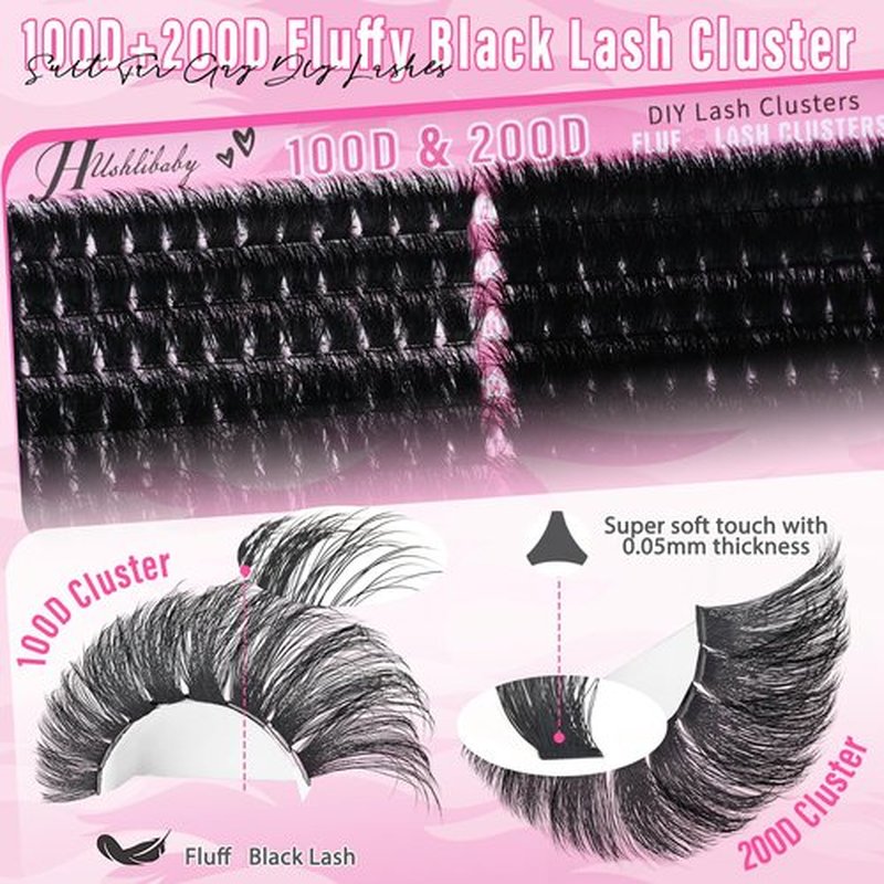 Lash Clusters 100D+200D Mega Thick Lashes Clusters 12-22mm Wispy Individual Thick Volume Lashes Cluster Eyelash Extensions 280Pcs DIY Lash Extension at Home, by Hushlibaby(Plant Fiber)