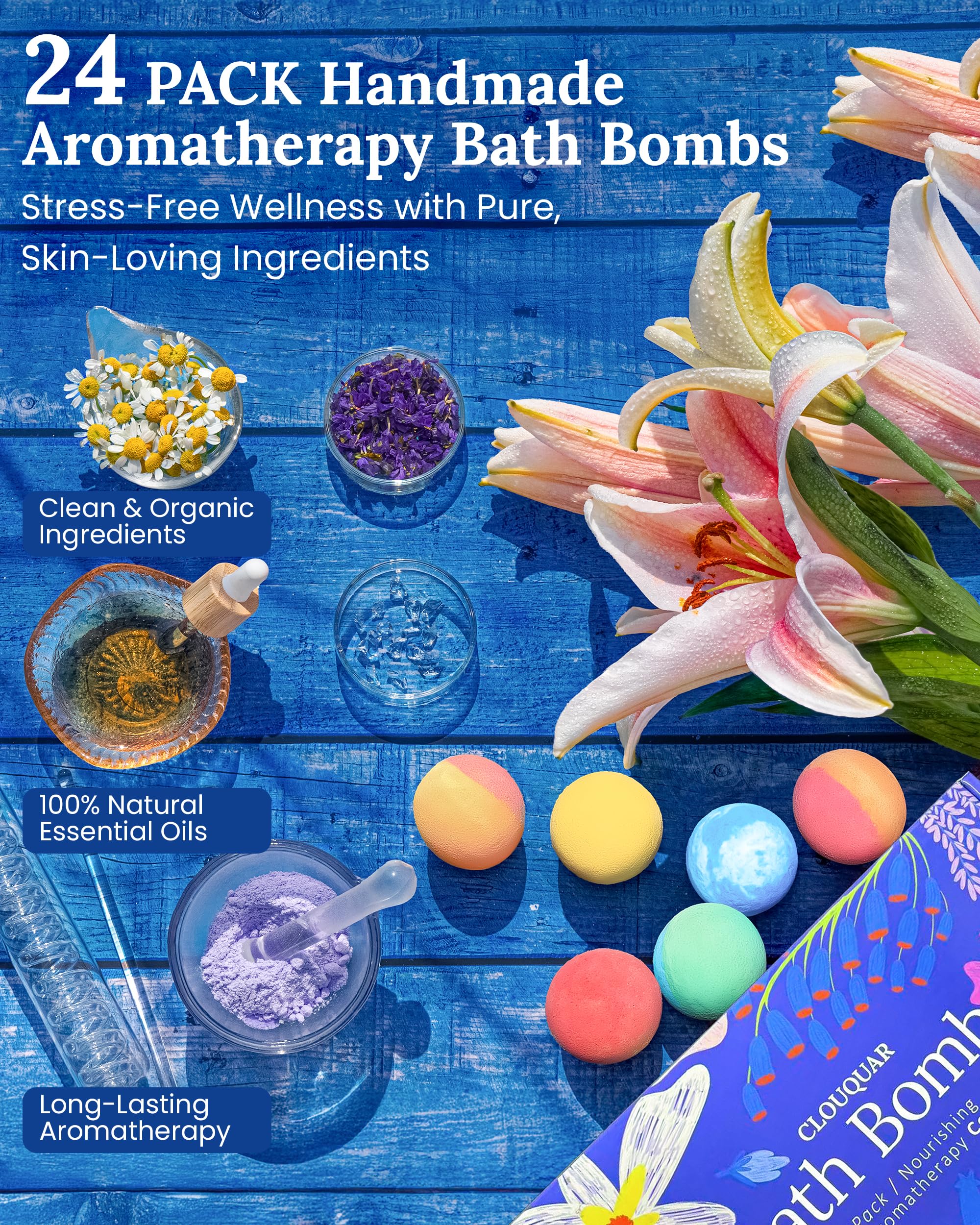Hemp Oil Bath Bombs Women Gift Set, 24 Pack Natural Bubble Bath Spa Kit with Pure Essential Oils, Refreshing & Relaxing Bath Gift for Birthday, Mother’s Day & Valentine’s Day