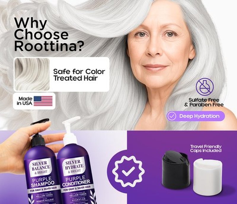 ROOTTINA Silver Shine Sulfate Free Brass Toning Purple Shampoo and Conditioner Set for Gray, Blonde & White Hair – Neutralizes Brass, Enhances Shine, Supports Cool Tone, Made in USA, 16 fl oz