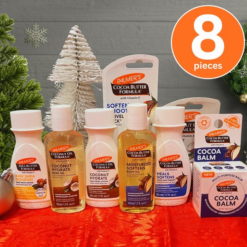 Palmer's Coconut Oil, Shea Butter, Cocoa Butter Formula Minis for Stocking Stuffers (8 Piece bundle) - Moisturizing Body Oil, Body Lotion, Cocoa Balm, Swivel Stick & Lip Balm, Hydrating Skin Care