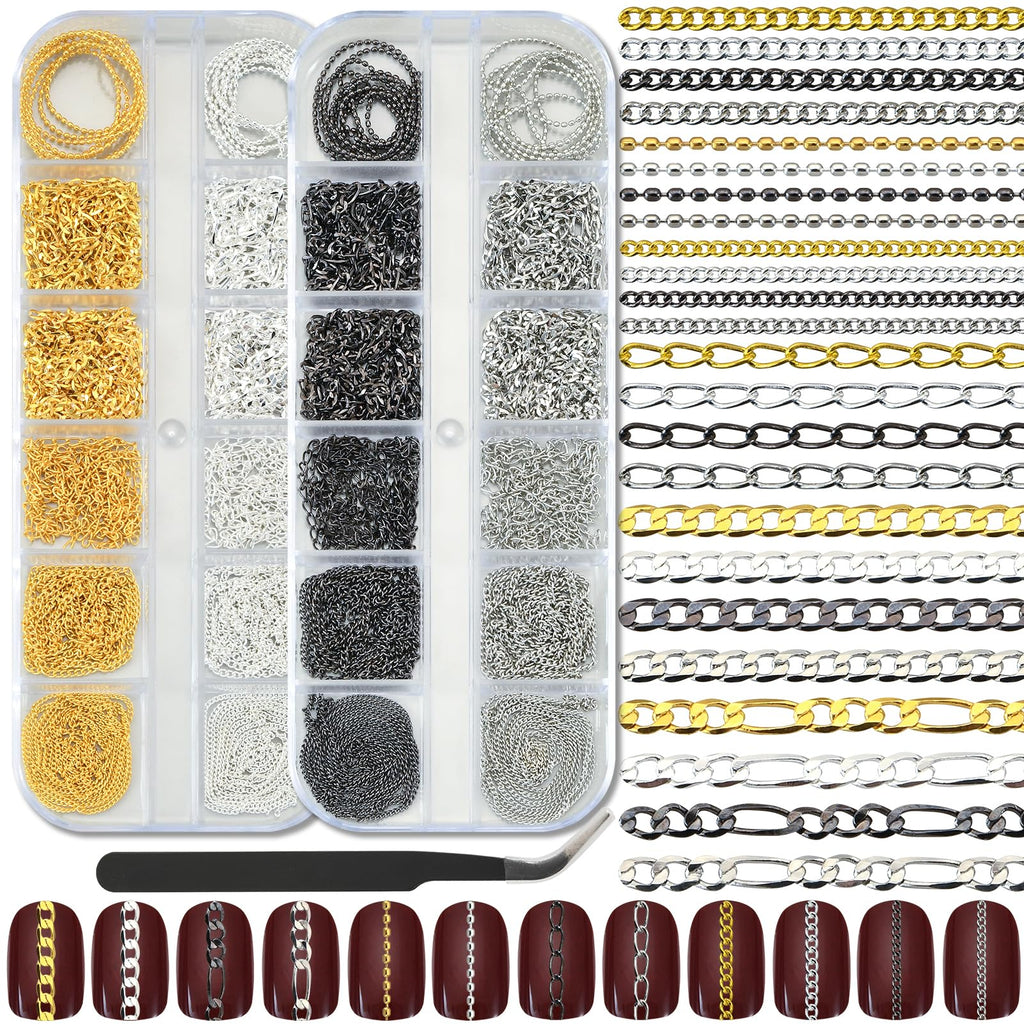 UWETIME 472 Inch Nail Chains for Nail Art 24 Strips 6 Style Gold Silver White Gold Black Metal Chain