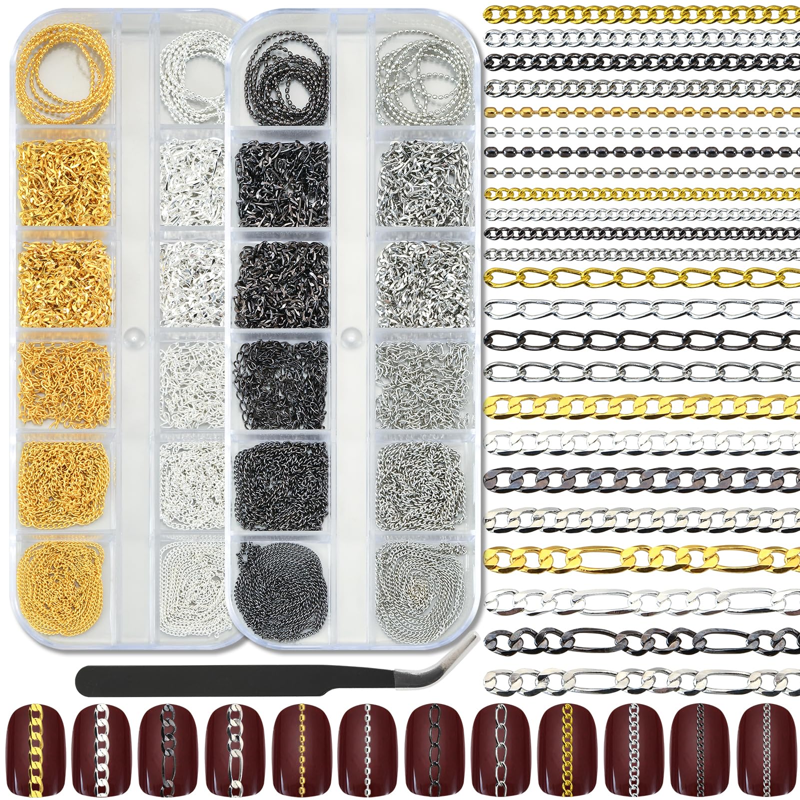 UWETIME 472 Inch Nail Chains for Nail Art 24 Strips 6 Style Gold Silver White Gold Black Metal Chain
