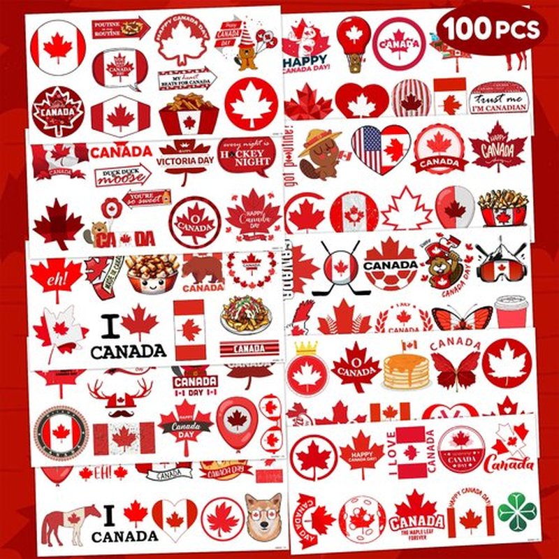 Canada Temporary Tattoos Happy Canada Day Party Decorations Favors Supplies Themed Cute Stickers 10 Sheets 100 PCS Gifts for Baby Girls Boys Class School Carnival