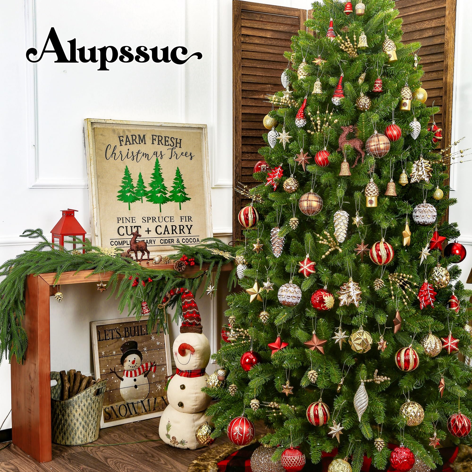 Alupssuc 103pcs Christmas Balls Ornaments Set, Gnome Christmas Tree Decorations with Hanging Strings, Shatterproof Plastic Baubles for Xmas Tree Holiday Wedding Party Decorations, Red, Bronze and Gold